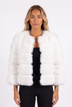 White banded faux fur cropped jacket — neckline and fur band detail